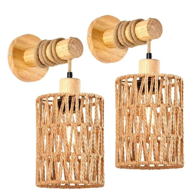 Hemp Rope Cylindrical Style Wall Lights Popular Style Led Rattan Wall Lampshade for Bedroom Hotel Decoration Lighting Fixture