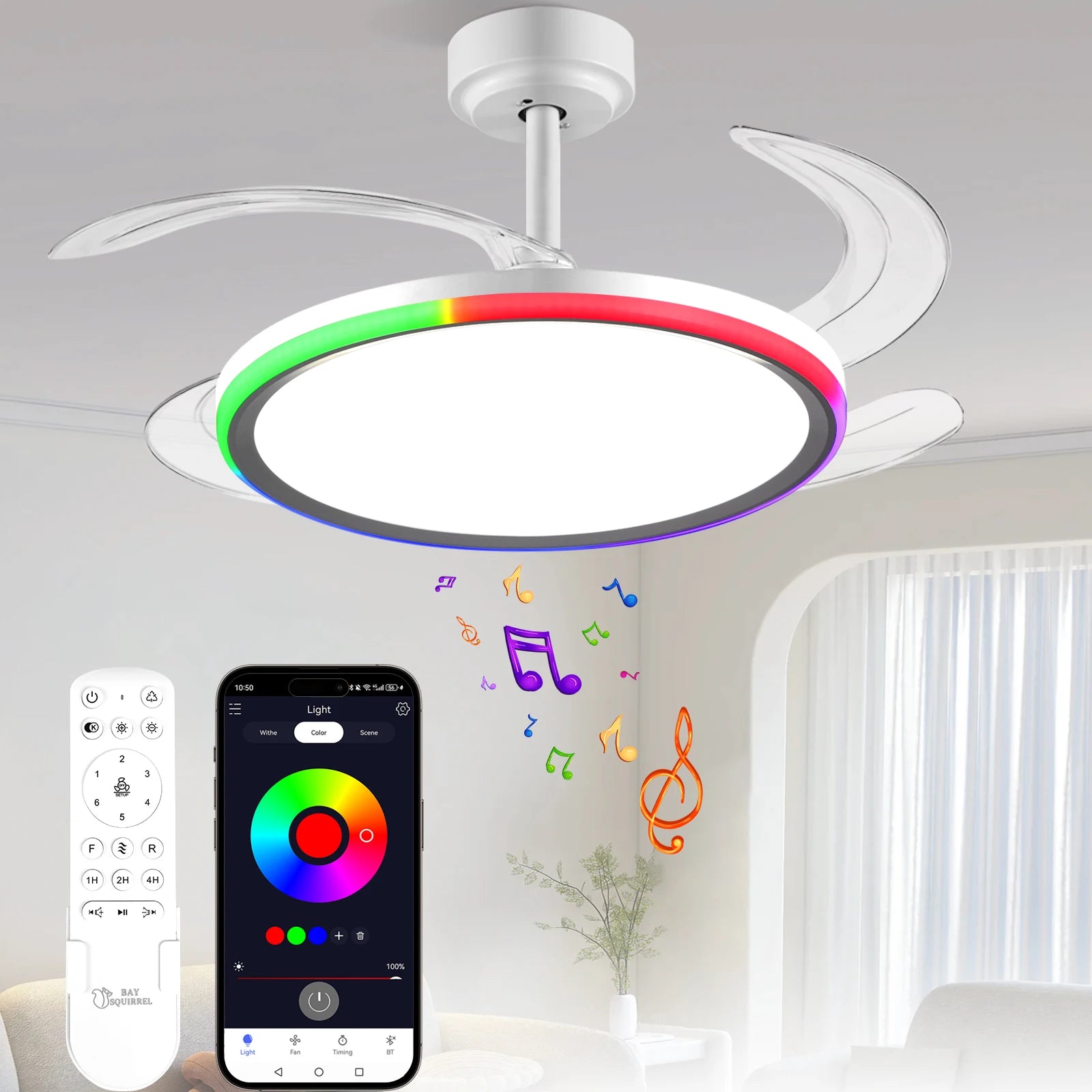 42-Inch Smart Retractable Ceiling Fan Light Breathtaking Lighting Effects, Full-Color RGB Dimming Strip with Memory Function, Bluetooth Speaker, and Convenient Control via App or Remote. Features a 6-Speed Reversible Fan for
