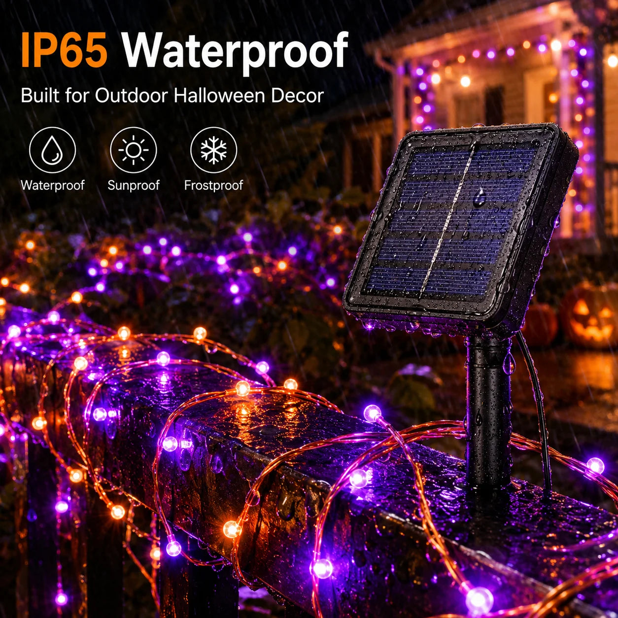 2 Pack Halloween Solar Powered String Lights Outdoor, 72FT 200 LED Solar Powered Decor with 8 Modes of Lighting, Purple and Orange Glow, IP65 Waterproof Design for Outdoor Garden Decor.