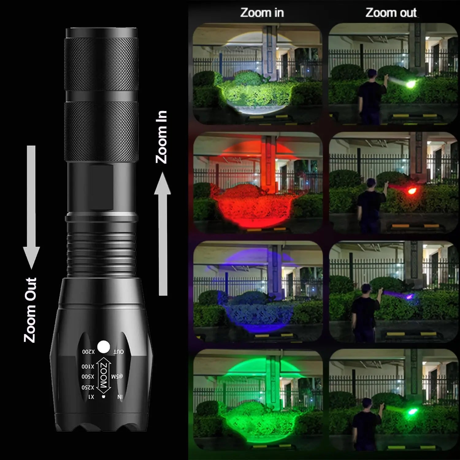 Multicolor 4 Colors in 1 LED White Red Blue Green Blue Light 4 Modes Zoomable Flashlight Red Torch Rechargeable Flashlights