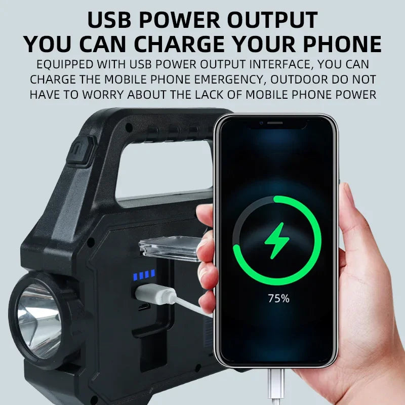High Power Led Flashlights Rechargeable Camping Work Light Multi Functional Portable Light Solar Charging 6 Lighting Modes ﻿