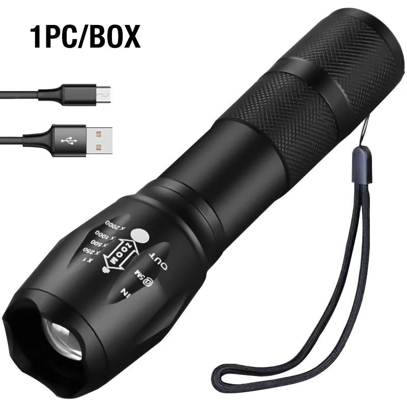 T6 Strong Light Flashlight LED Aluminum Alloy Telescopic Zoom Battery Version Charging Outdoor Searchlight Remote Flashlight