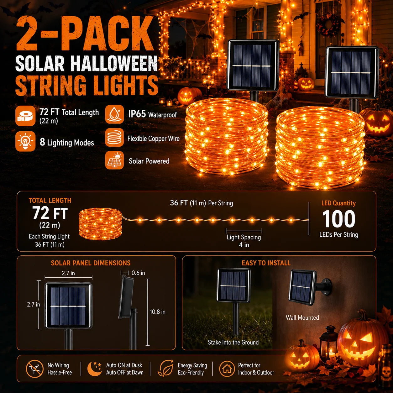 2 Pack Halloween Solar Powered String Lights Outdoor, 72FT 200 LED Solar Powered Decor with 8 Modes of Lighting, Purple and Orange Glow, IP65 Waterproof Design for Outdoor Garden Decor.