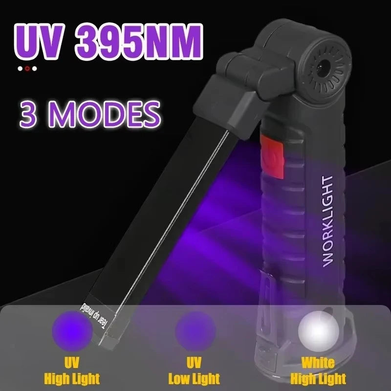 395nm Led UV Flashlight USB Rechargeable Foldable Lamp with Magnetic and Hook Pet Urine Detector Resin Curing Portable UV Light