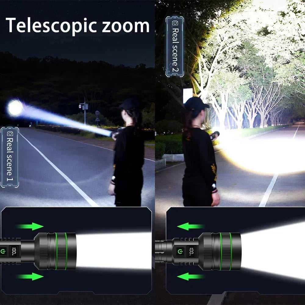 High Power LEP White Light Flashlight 3000 Meter Long Range 26650 Battery Type C Usb Rechargeable Tactical Portable Lantern