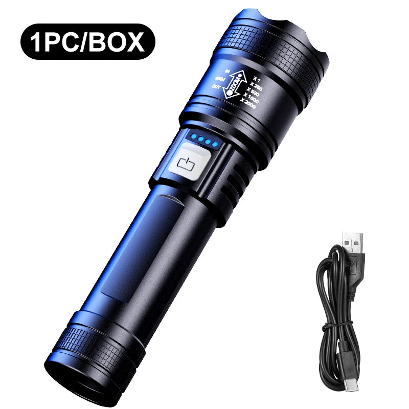Telescopic Zoom Tactical Flashlights Rechargeable LED Torch 4 Lighting Modes Long-Range Waterproof Camping Fishing Flashlight