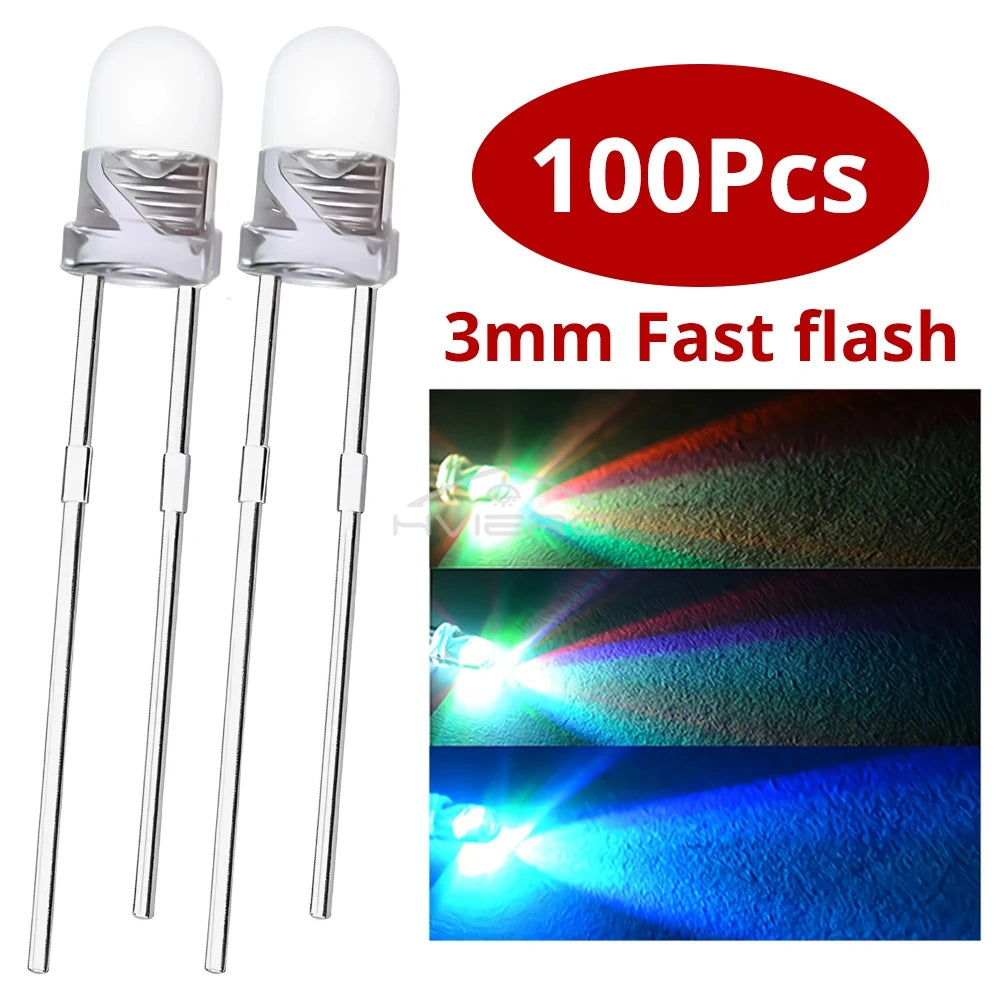100PCS 3mm Fast Slow RGB Flash Red Blue Yellow Rainbow Multicolor Light Emitting Diode Decoration Billboard Atmosphere LED Lamp