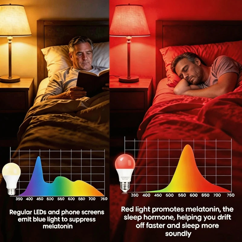 630nm Red Light Bulb for Sleep 7W E27 100% Blue Light Blocking Promotes Melatonin Production Ideal for Bedroom Sleep