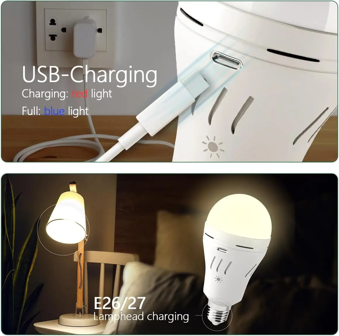Rechargeable Emergency Light Bulb E27 Base - USB/220V Dual Charging Backup Emergency Light for Home or Outdoor