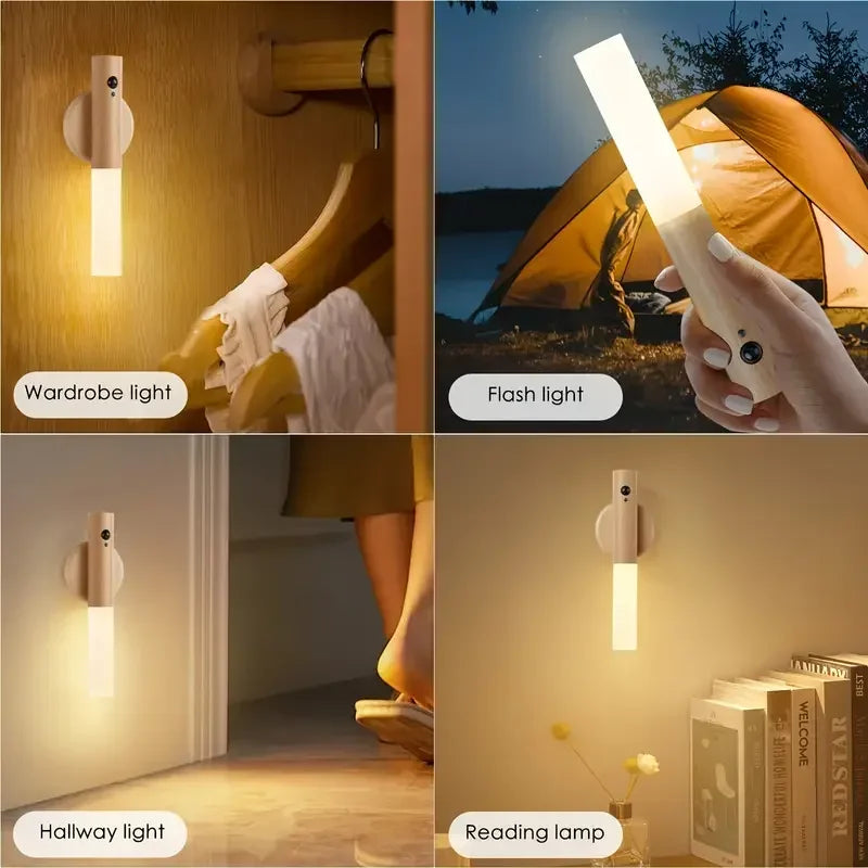 1/2PCS LED Night Light Motion Sensor Lamp ABS Wood Grain Wall Lights Rechargeable Magnetic for Bedroom Bedside Stairs Hallway