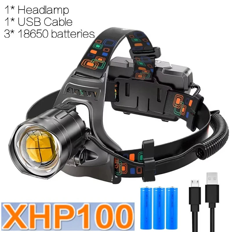 Powerful XHP100 Led Headlamp Zoomable USB Rechargeable High Power Headlight Waterproof Output 18650 Super Bright Head Torch