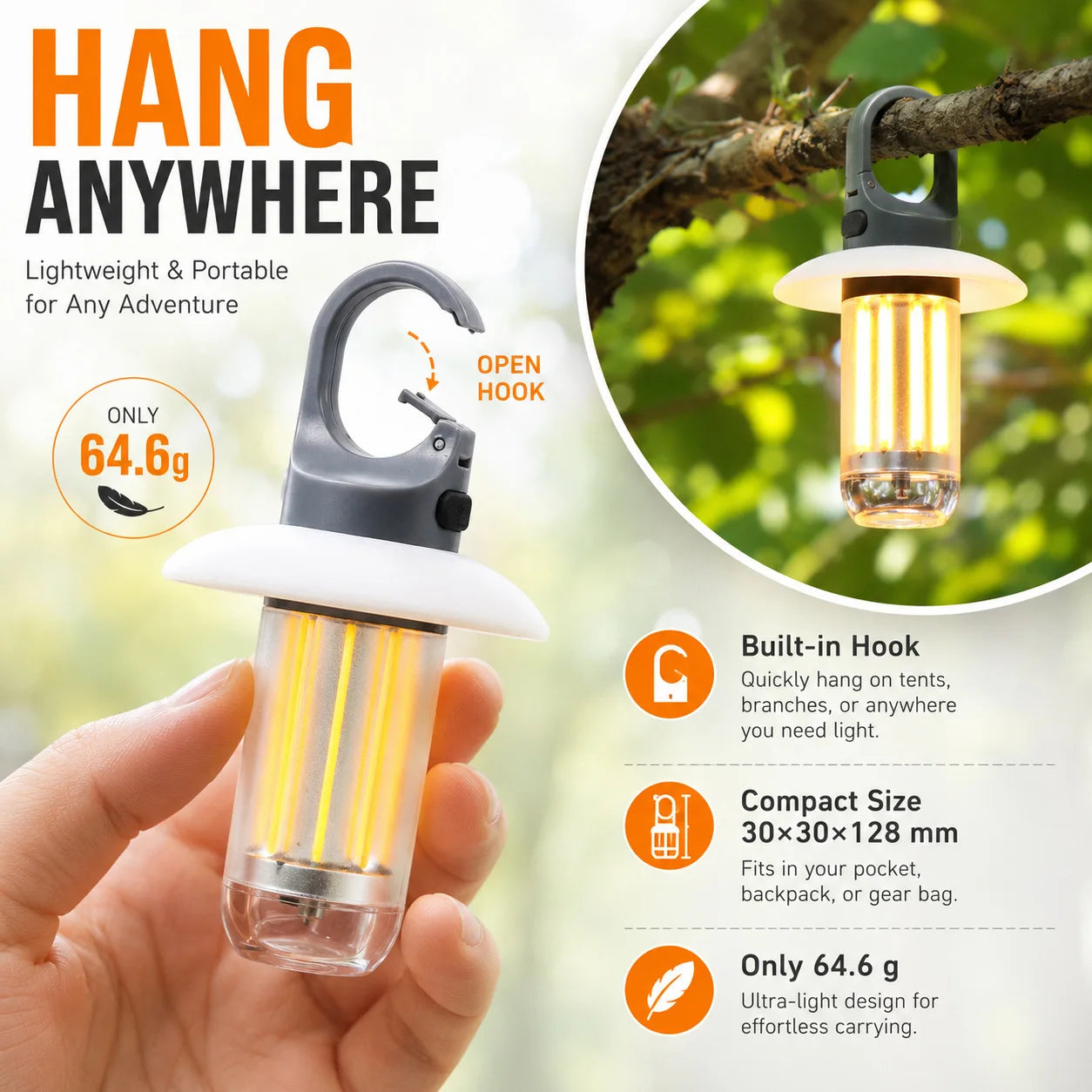 LED Rechargeable Flashlight Camping Lantern 5 Modes Super Bright Portable Hanging Tent Lamp Waterproof Hiking Fishing Outdoor