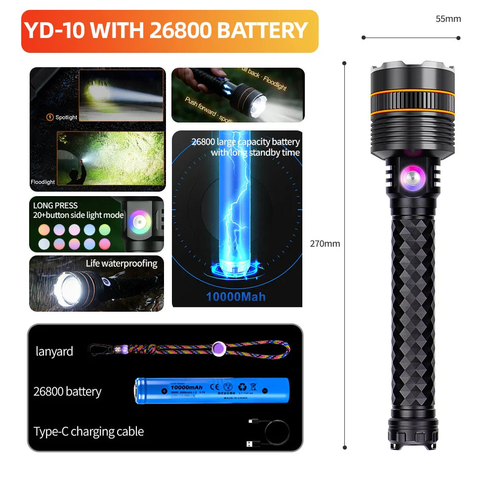 High Power Strong Light LED Flashlight Super Bright Long Range Tactical Torch Powerful USB Rechargeable Lantern Fishing Outdoor