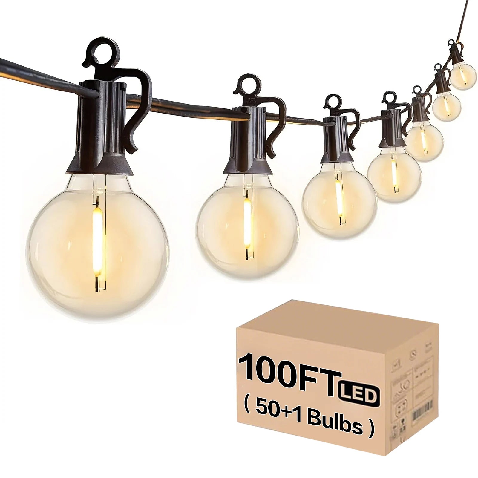 100FT G40 High Voltage String Lights, 50 Warm White 2700K Bulbs, E12 Base, Black Wire with Hooks & Replaceable Wire