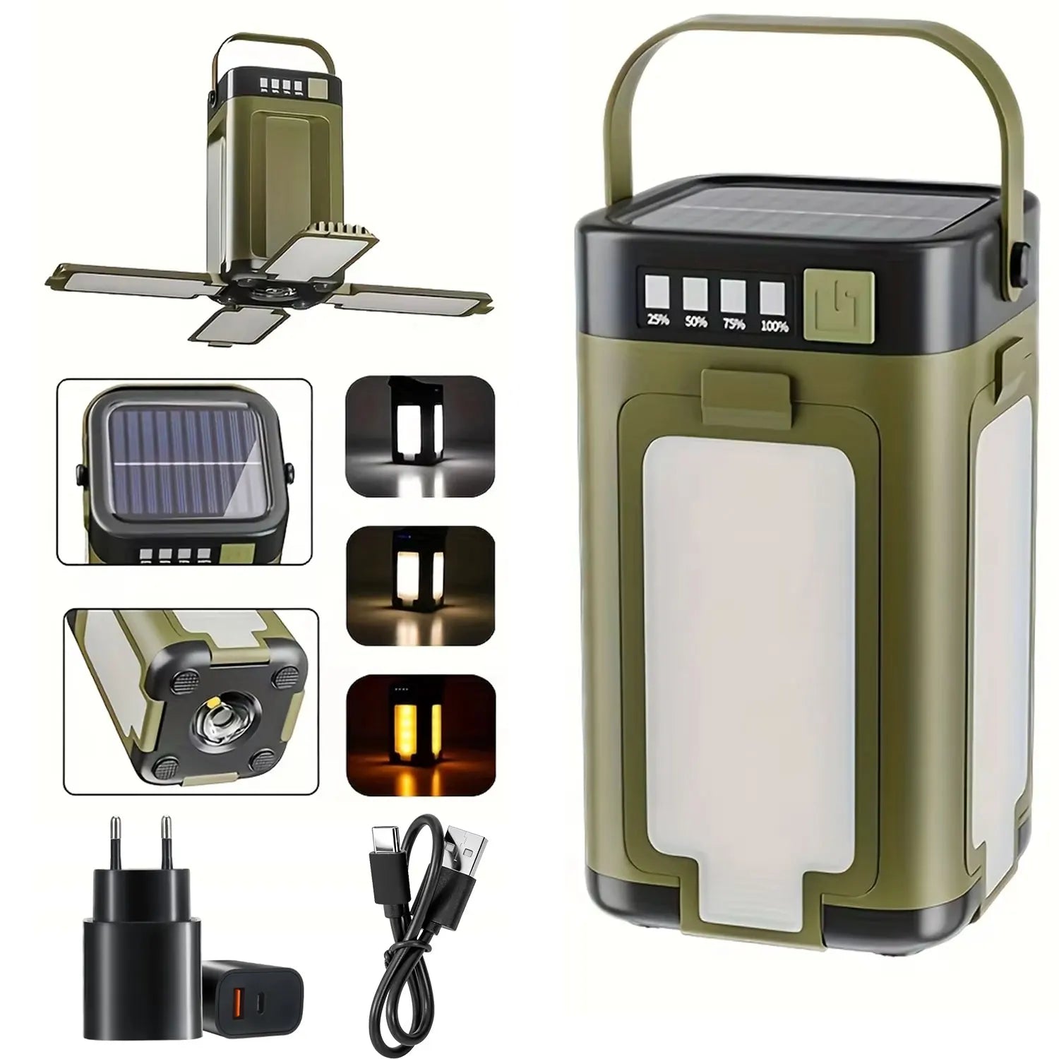 Solar Camping Light，USB/Solar Recharge Portable Lamp with 2000mAh Battery 6 Lighting Modes Outdoor Portable Hanging Tent Light