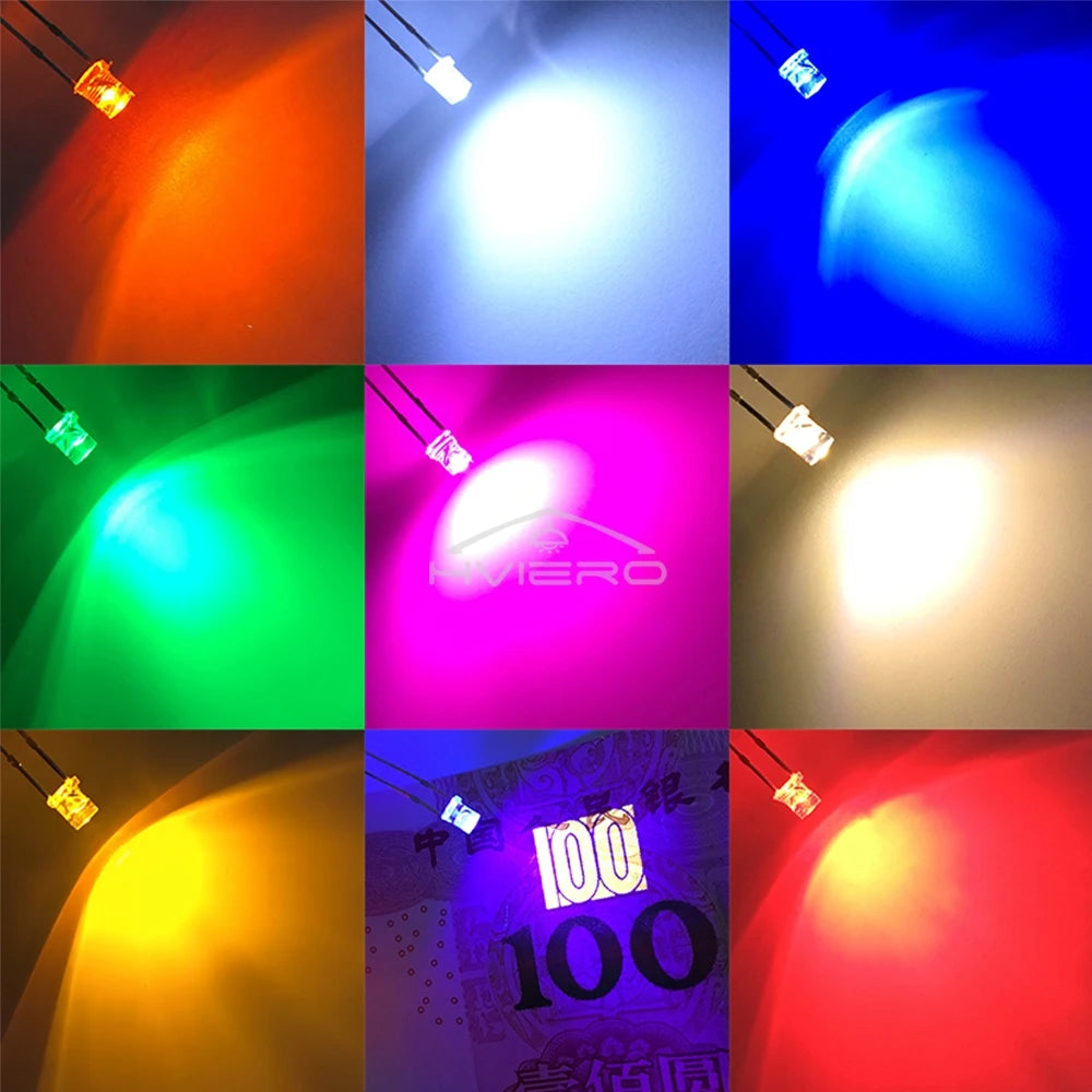 100Pcs F3 3mm 2pins Flat Emitting Diodes Lamp Ultra Bright LED Bulbs White Red Yellow Blue Green Pink Diode Led Wide Angle Light