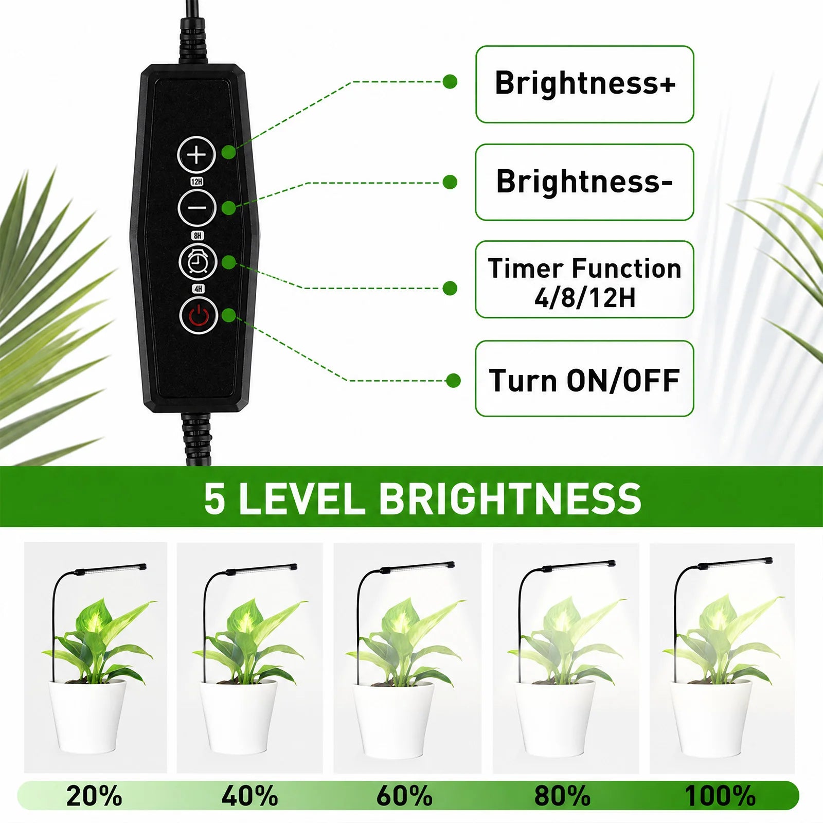 48LEDs Grow Lights for Indoor Plants 6000K Full Spectrum Ground Plug Grow Light with Gooseneck With 5 Level Dimmable & Auto Timer for Small and Indoor Plants