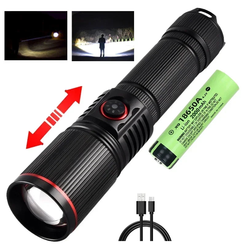 30W  High Bright LED Flashlight High Power Type C Rechargeable Zoom Torch Camping Outdoor Hunting Fishing Walking Lighting Lamp