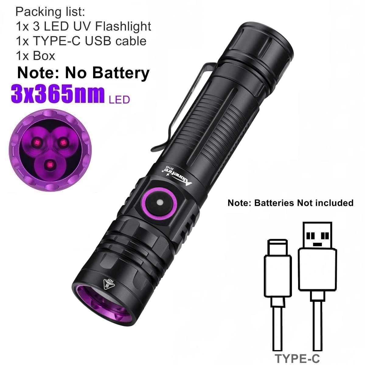 3x365nm/395nm UV LED Flashlight High Power Blacklight USB Rechargeable CatDog Pet Stain Tinea UV Glue Curing Scorpion Lamp Torch