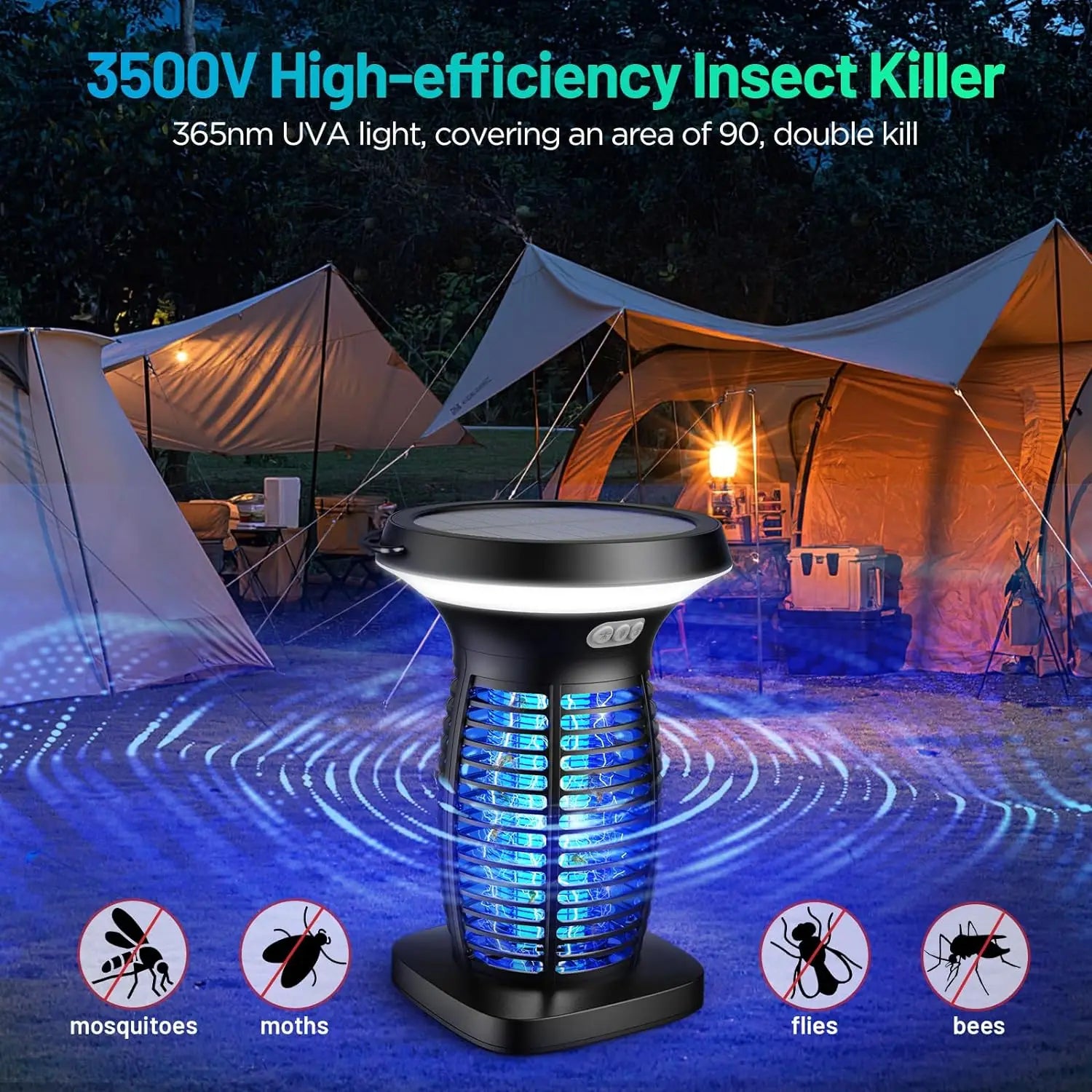 4200V Solar Bug Zapper, 2100 sq ft Coverage, USB-C + Solar Powered, 3-in-1 (Kill/Light/SOS), Auto Light Sensor, IPX5 Waterproof, 0.25" Safety Mesh, Portable Fly Trap for Outdoor, Patio, Yard