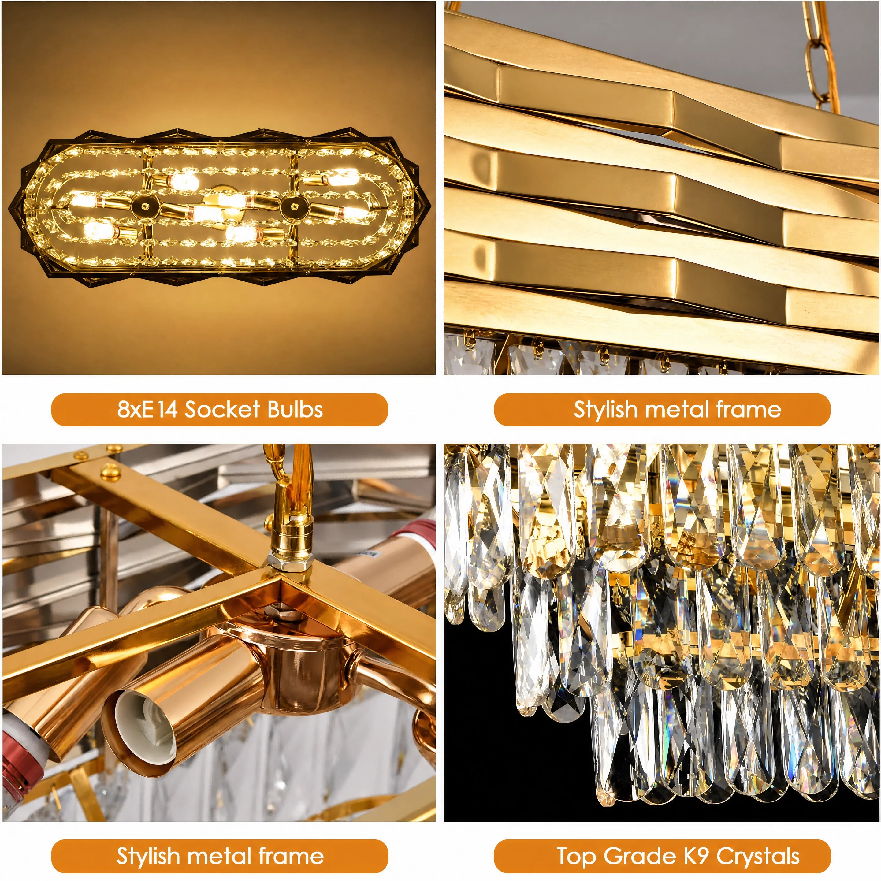Modern Gold Crystal Chandelier, Luxury Pendant Light with Adjustable Hanging Chain, Rectangular K9 Crystal 8‑Light E14 Base Ceiling Lamp for Kitchen Island Dining Room Living Room