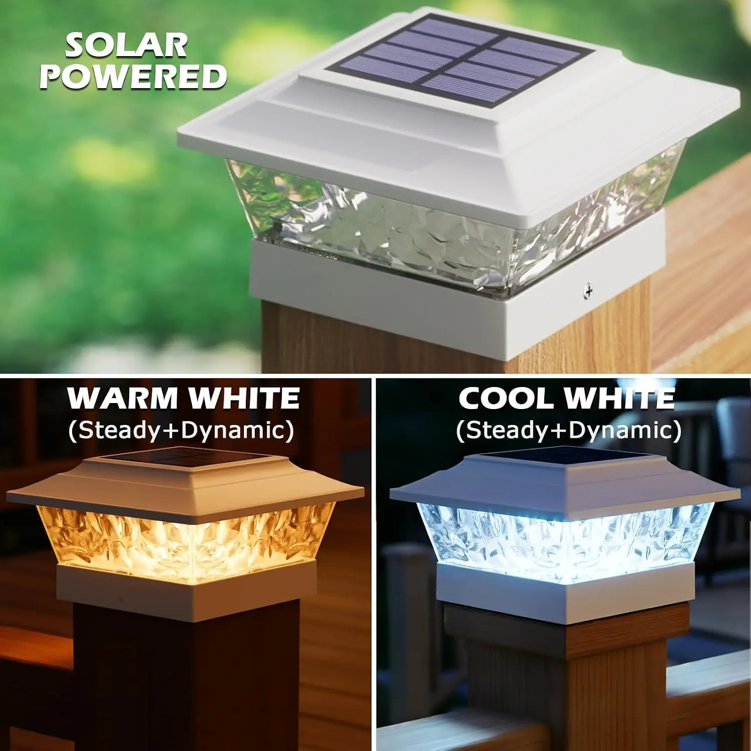 (6 Pack, White/Black) Solar Post Lights Outdoor 12 LEDs 4 Modes Post Cap Light for 4x4 5x5 6x6 Vinyl Wooden Deck Fence Posts Garden Patio Decor, Warm/Cool White Dynamic Lighting