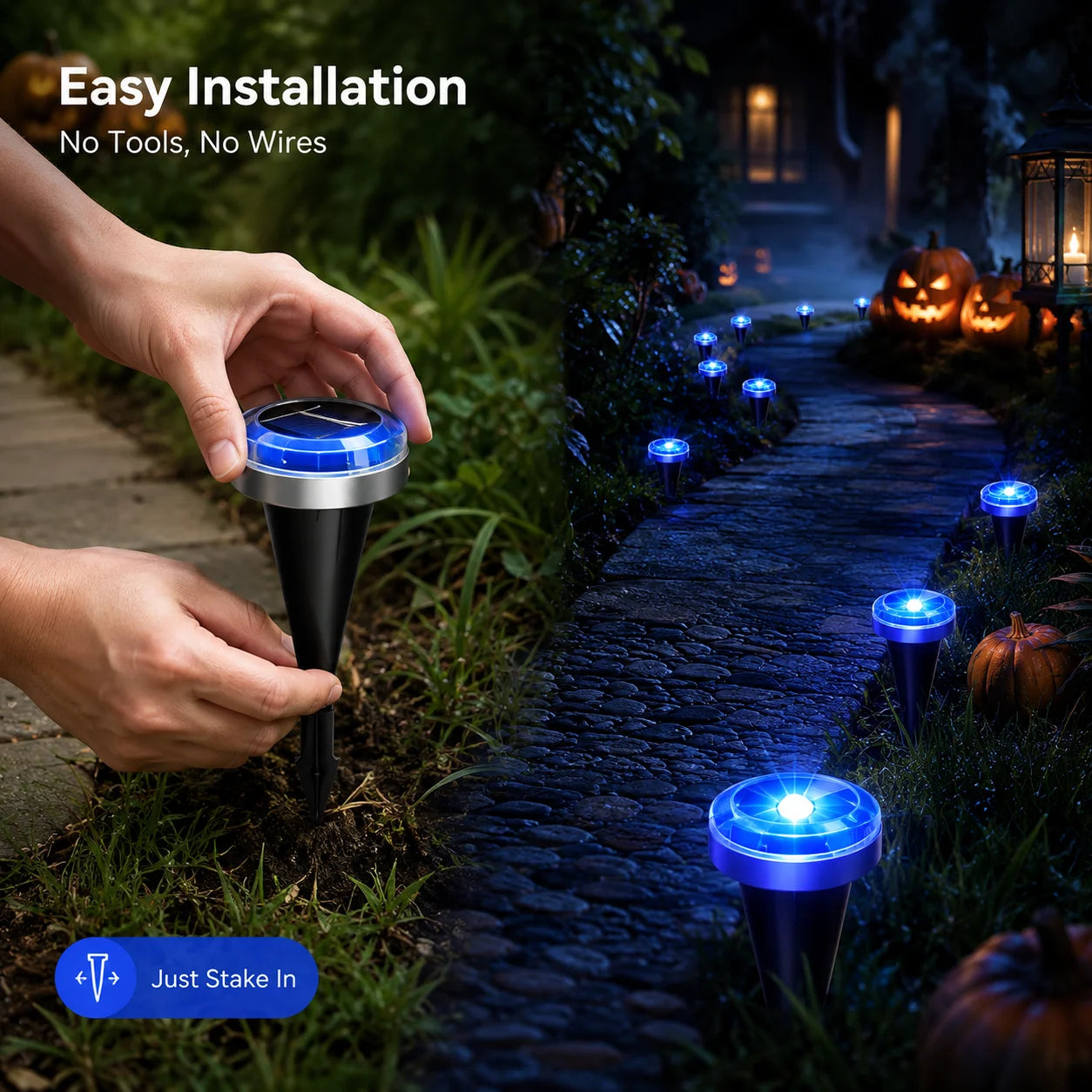 30 Pack Solar Ground Lights Outdoor, Blue LED Pathway Lights with 8 Lighting Modes, IP65 Waterproof Solar Garden Lights for Yard Lawn Walkway Patio Halloween Decorations