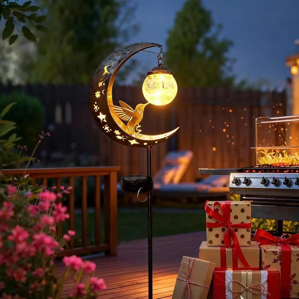 Solar Lawn Stake Light Crackle Glass Moon Hummingbird Silhouette Auto On Off Waterproof Solar Outdoor Yard Path Decor Lamp