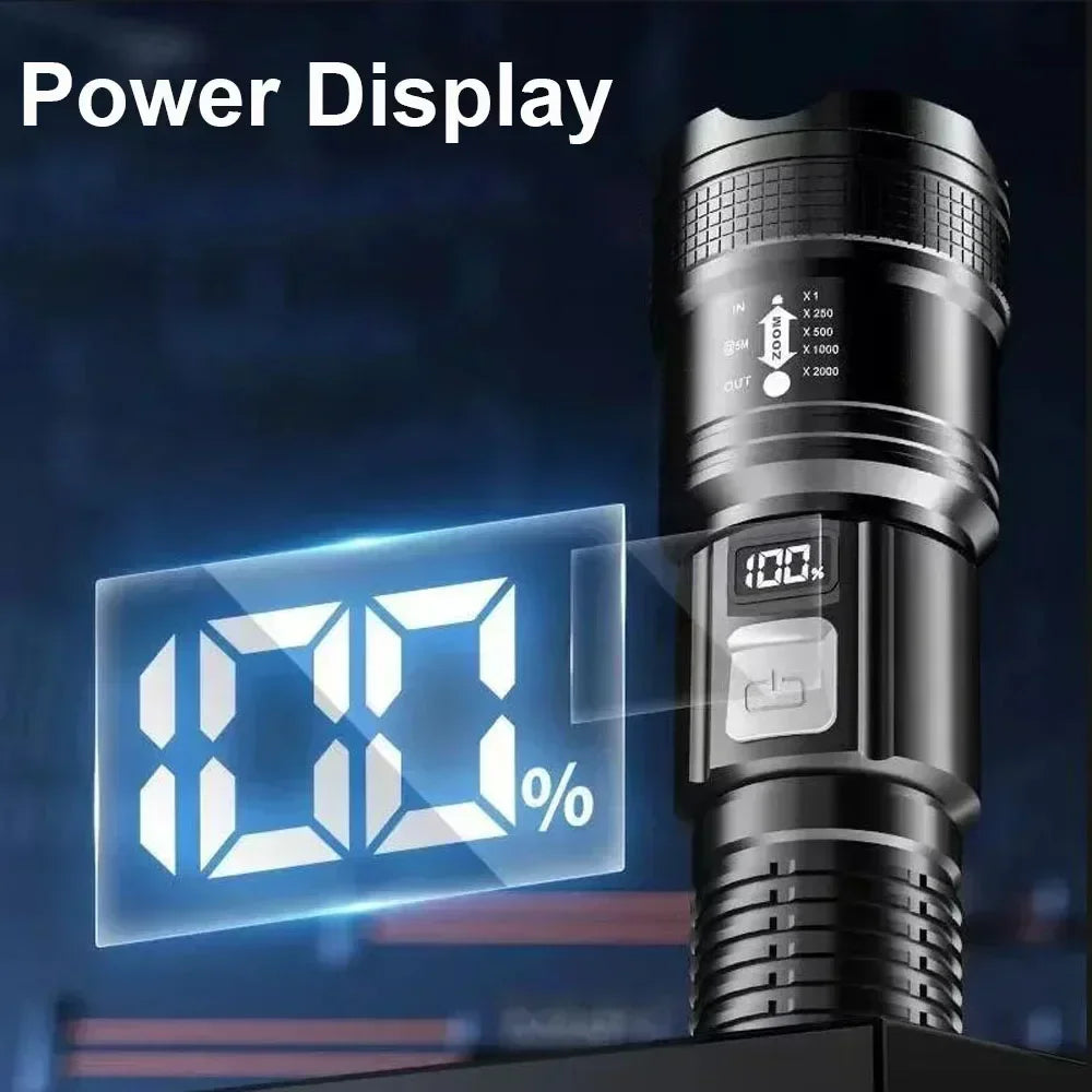 Powerful LED Flashlight with Battery Display USB Rechargeable Light Telescopic Zoom Torch Lamp Outdoor Camping Fishing Lantern