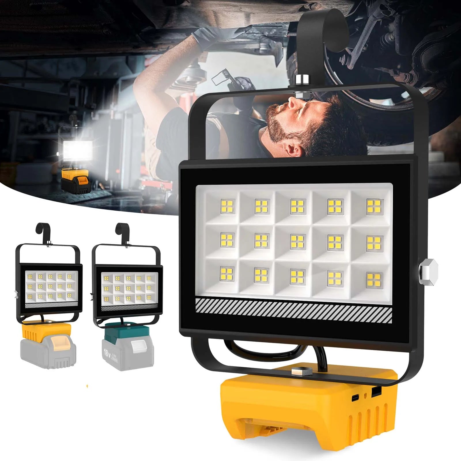 Portable 60W LED Work Light With Hook Handheld Emergency Camping 6000LM Rechargeable Flood Light Compatible With DeWalt Makita