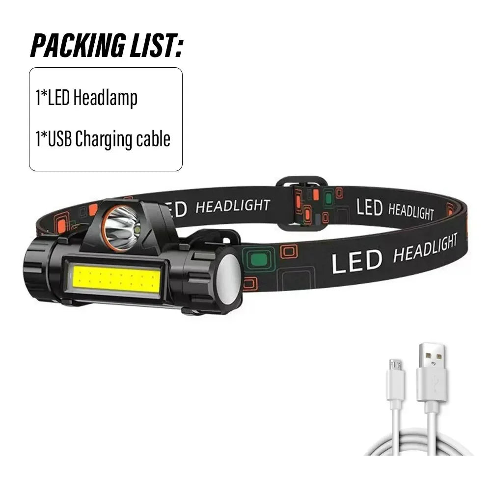 Rechargeable Fishing LED Headlamp Camping Headlight XPE COB Work Light 2 Lighting Modes With Tail Magnet Detachable