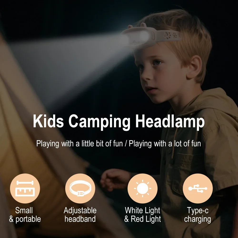 BORUiT Kids LED Headlamp Rechargeable Built-in Battery Flashlight 4 Lighting Modes Outdoor Camping Head Torch for Kids Gift