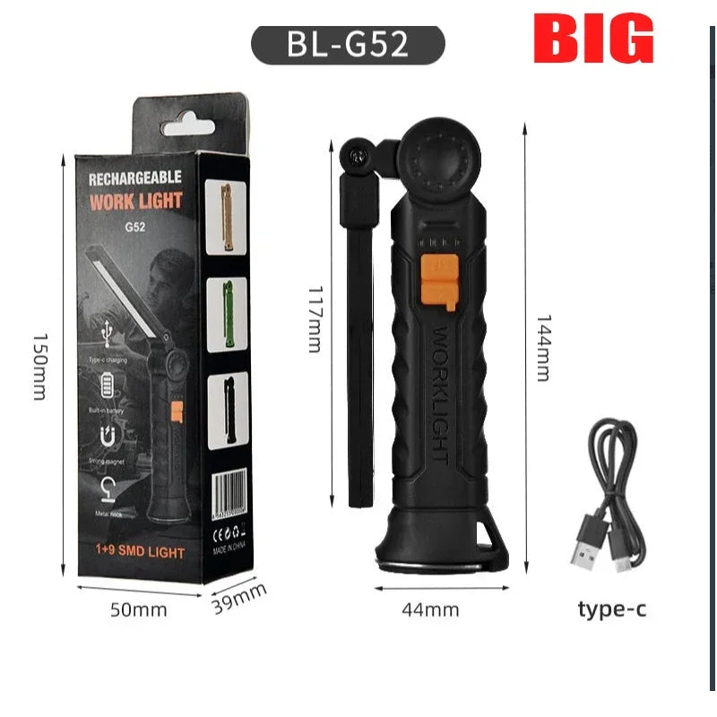 USB Rechargeable COB LED Flashlight Work Light Magnetic Torch Portable Hanging Lamp with Built-in Battery Camping Torch