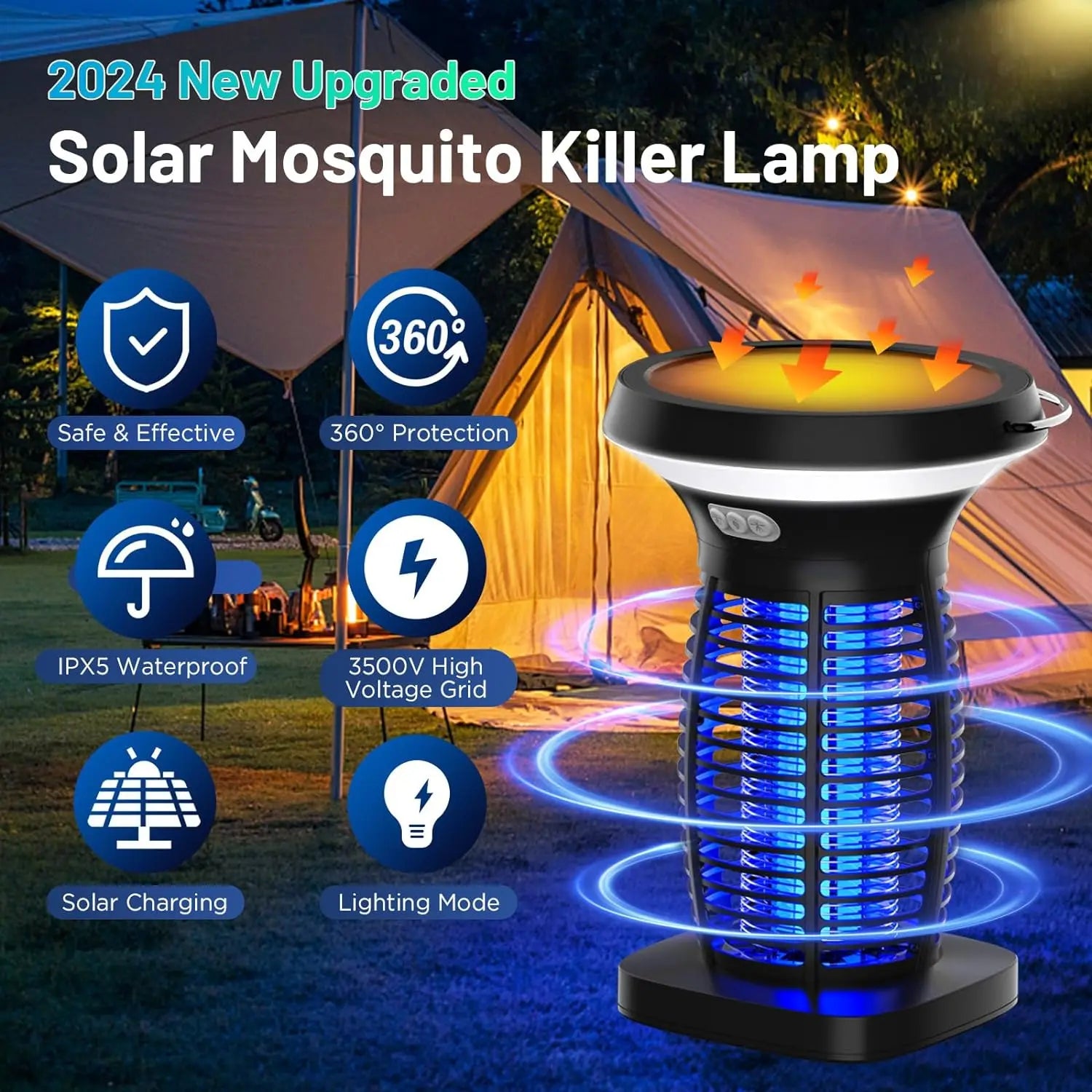 4200V Solar Bug Zapper, 2100 sq ft Coverage, USB-C + Solar Powered, 3-in-1 (Kill/Light/SOS), Auto Light Sensor, IPX5 Waterproof, 0.25" Safety Mesh, Portable Fly Trap for Outdoor, Patio, Yard