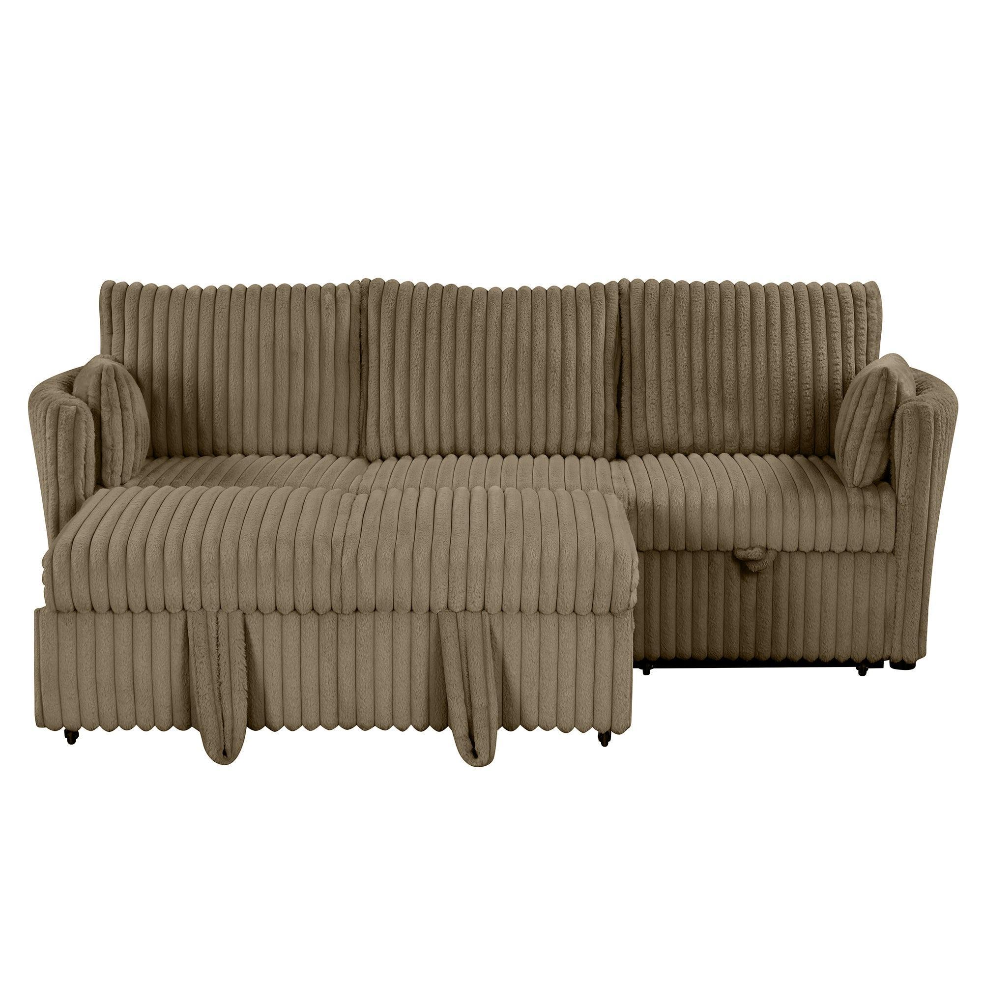 Brown Faux Fur Oversized Convertible Sleeper Sectional Sofa Couch Daybed and Chair Pull Out with 2 Pillows, USB Charging Ports for Living Room