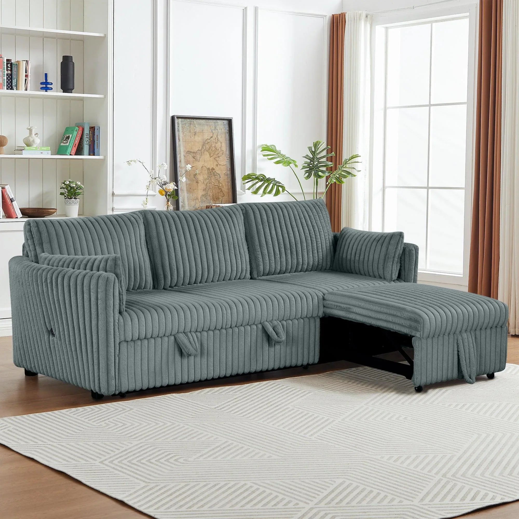 Dark Gray Faux Fur Oversized Convertible Sleeper Sectional Sofa Couch Daybed and Chair Pull Out with 2 Pillows, USB Charging Ports for Living Room