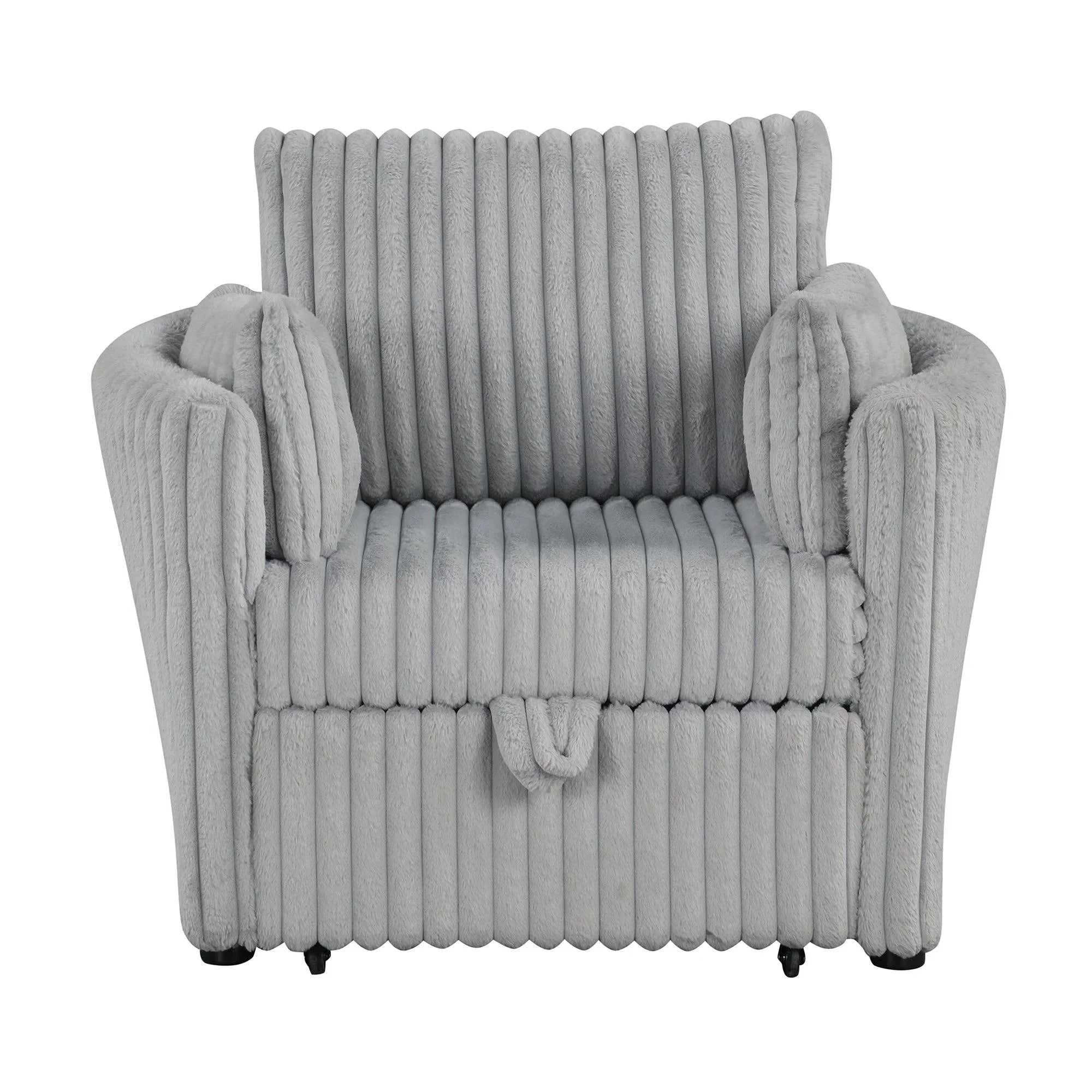 Light Gray Faux Fur Oversized Convertible Sleeper Sectional Sofa Couch Daybed and Chair Pull Out with 2 Pillows, USB Charging Ports for Living Room