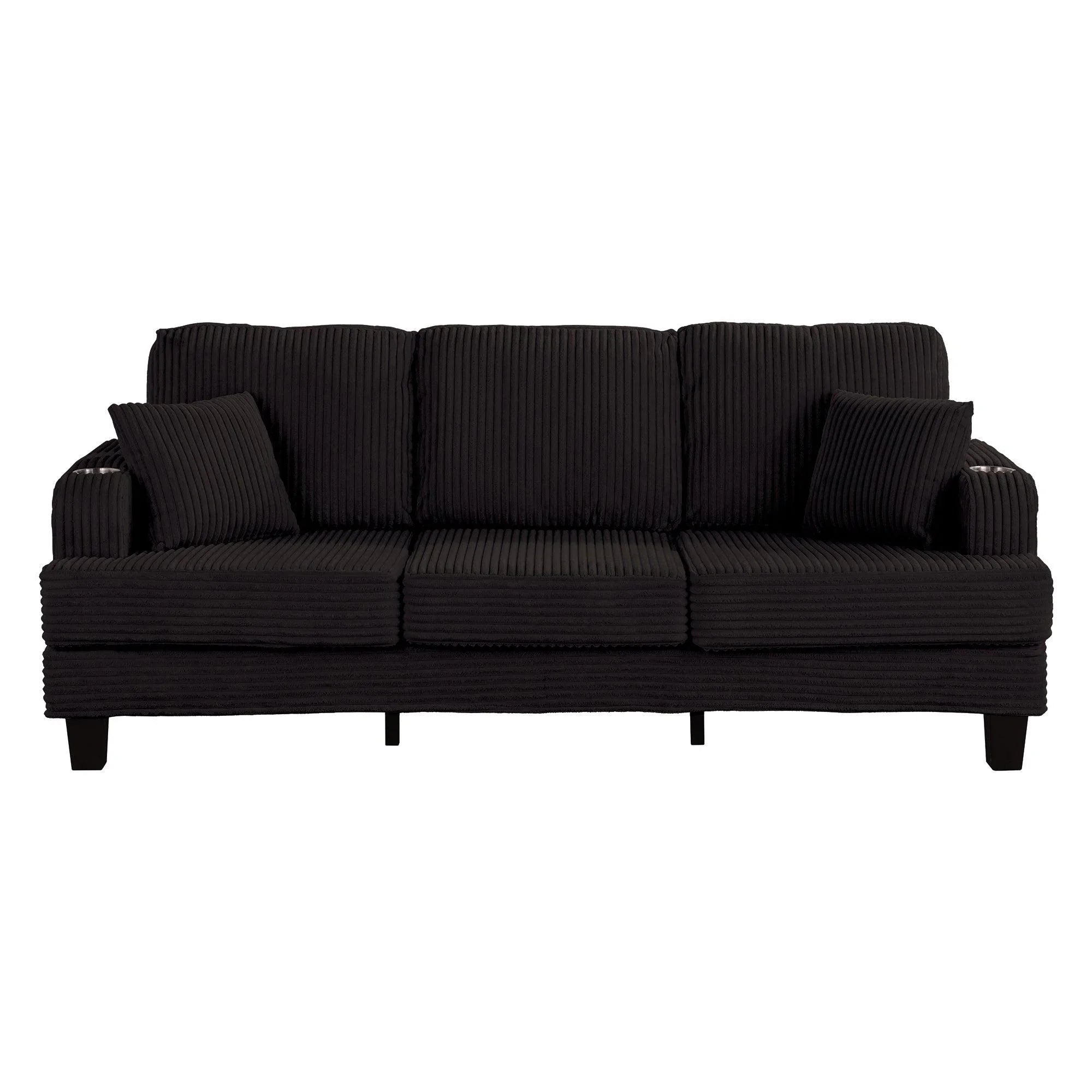 Black 3 Piece Set Comfy Sofa Couch 3-Seater & Loveseat Sofa with Storage Ottoman for Living Room with USB, Side Pockets, Pillows included