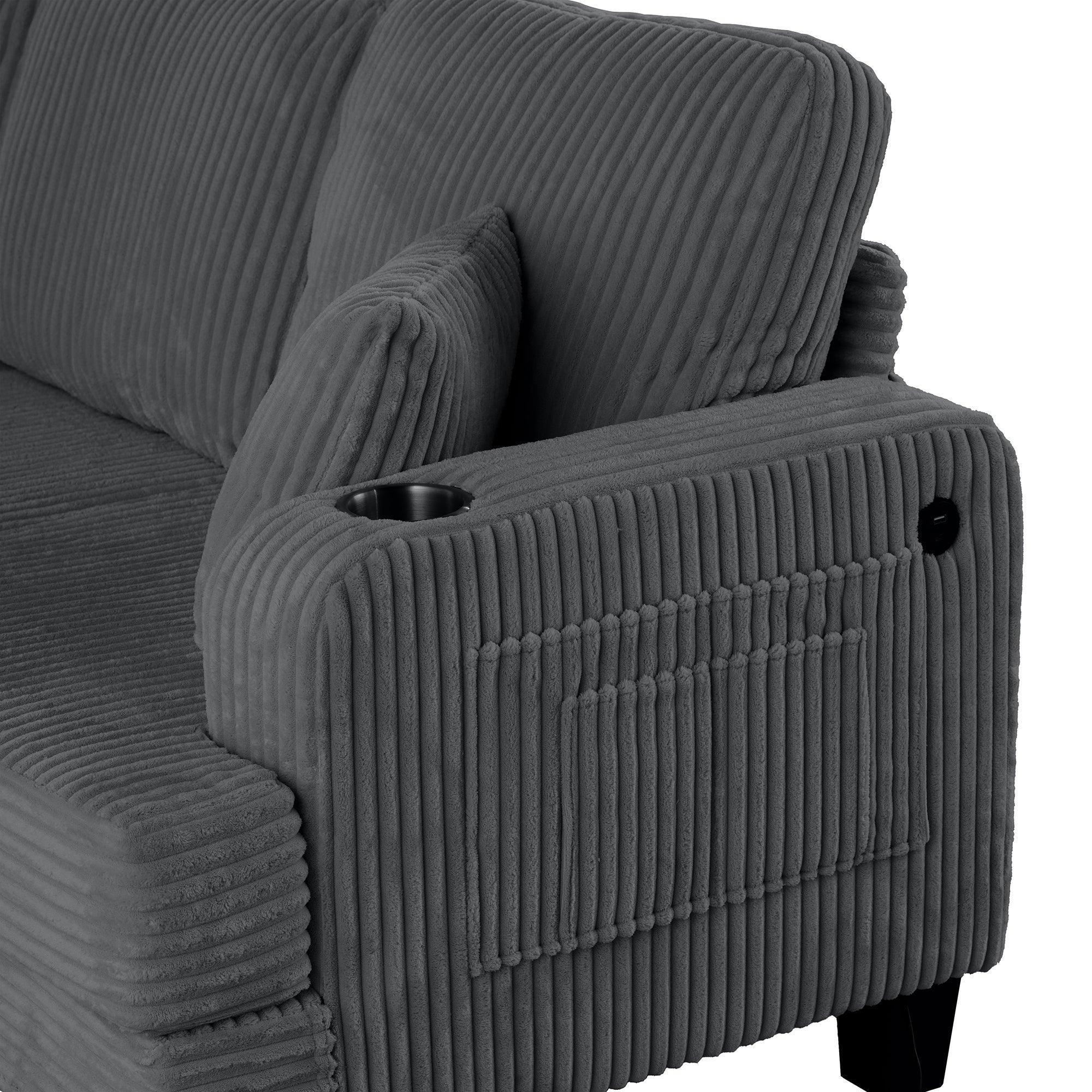 Dark Gray 3 Piece Set Comfy Sofa Couch 3-Seater & Loveseat Sofa with Storage Ottoman for Living Room with USB, Side Pockets, Pillows included