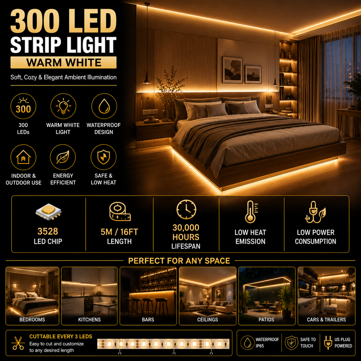Strip Light 300 LED 5M Waterproof - Warm White