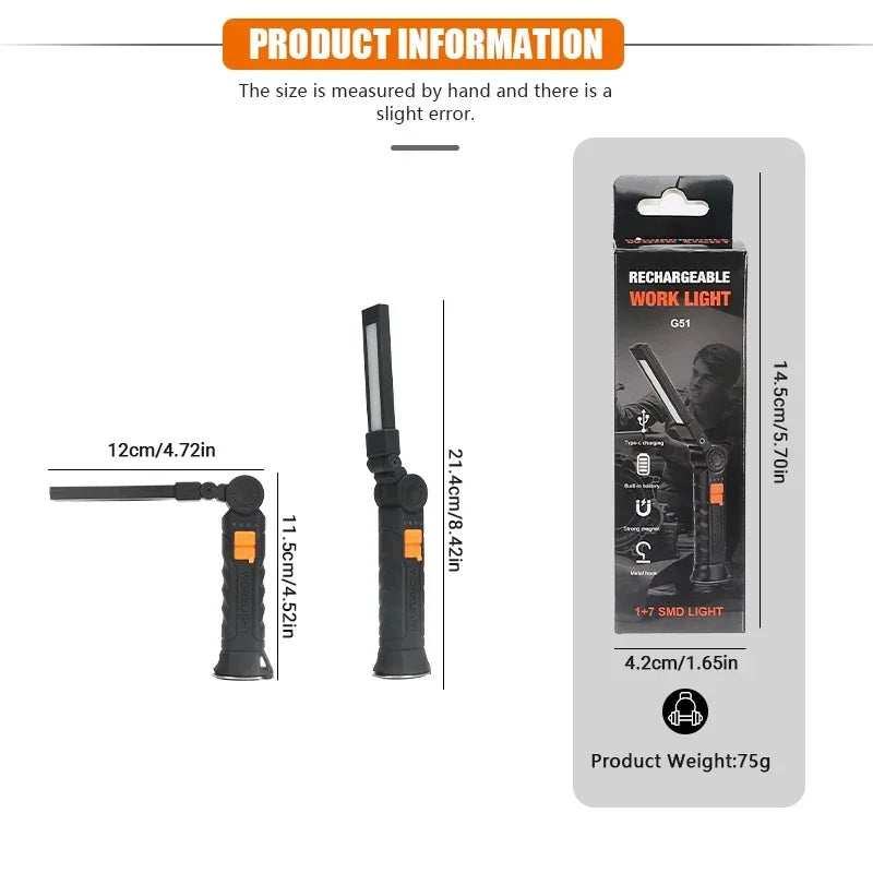 USB Rechargeable COB LED Flashlight Work Light Magnetic Torch Portable Hanging Lamp with Built-in Battery Camping Torch
