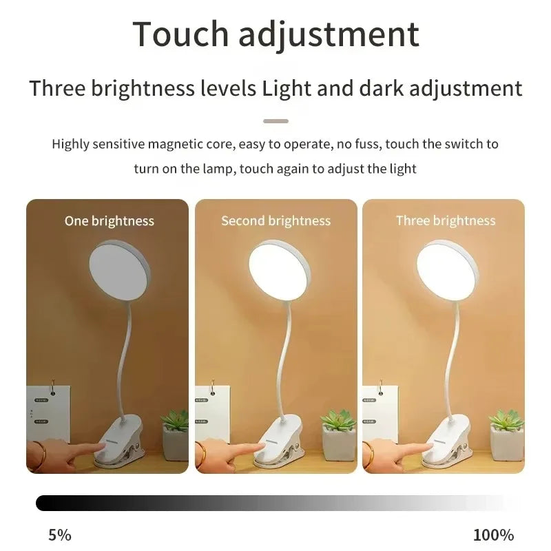 Folding Clamp Led Table Lamp Rechargeable Night Light Study Stand Read Lamp Touch 3 Modes Dimming Eye Protection Light