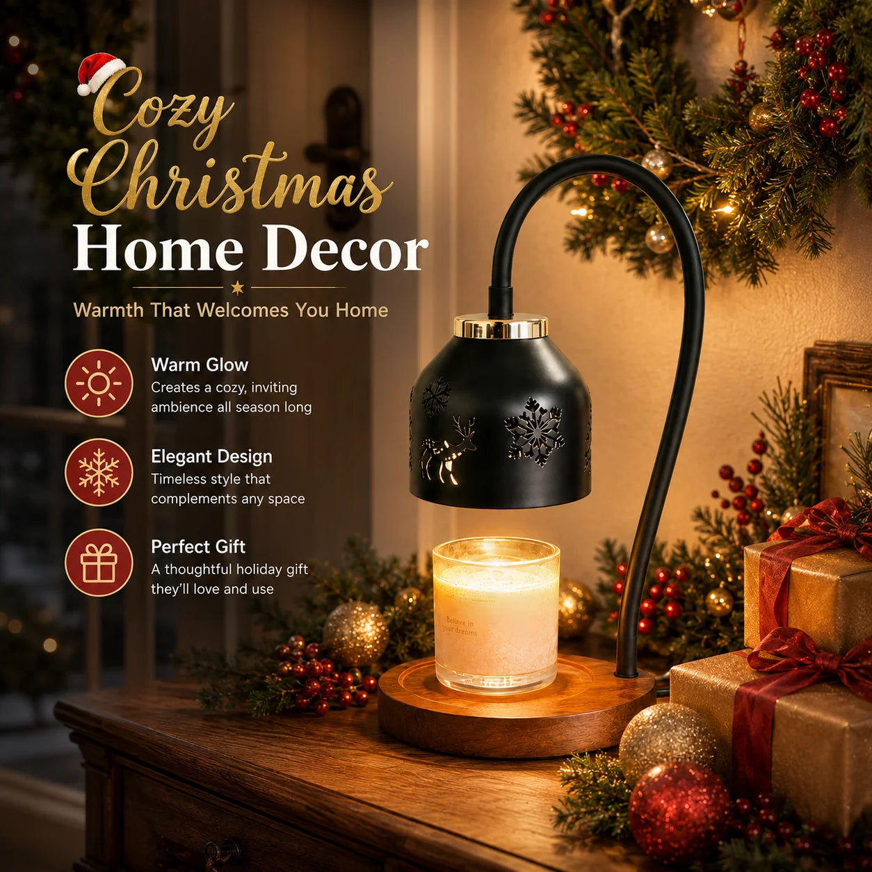Christmas Candle Warmer Lamp Snowflake Deer Hollow Table Lamp with Adjustable Height 4 Dimmable Brightness Levels 2H 4H 8H Timer Auto Shut off Flameless Smoke Free Candle Melter Lamp for Bedroom Home Decor Ideal Christmas Hol