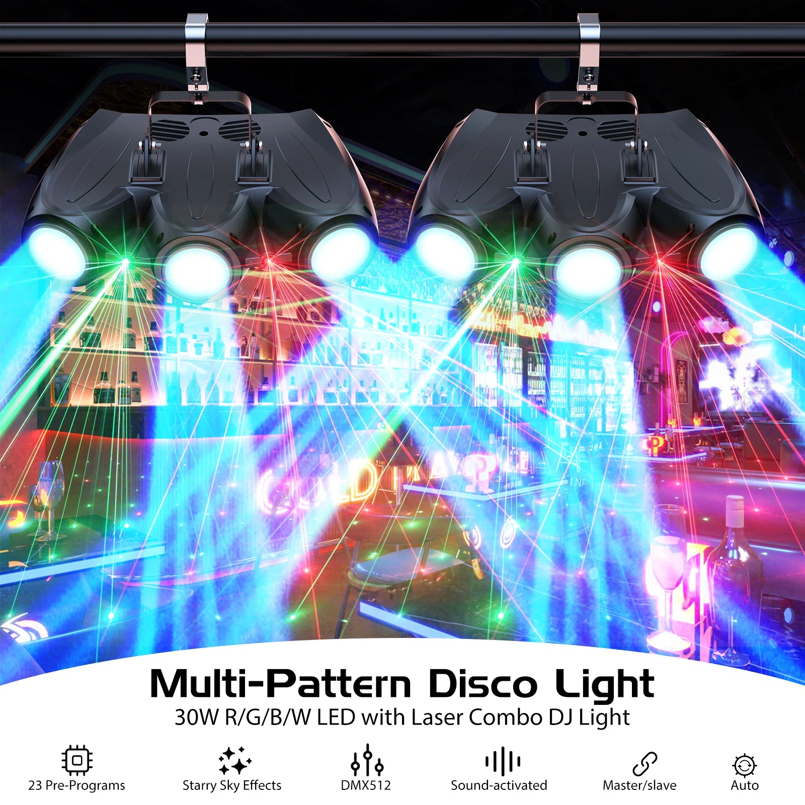Fieryzeal 2PCS 30W RGBW 192LED Stage Light 3 Heads Airship Projector Lamp DMX512 Patterns Stage Effect Light for DJ Disco Party