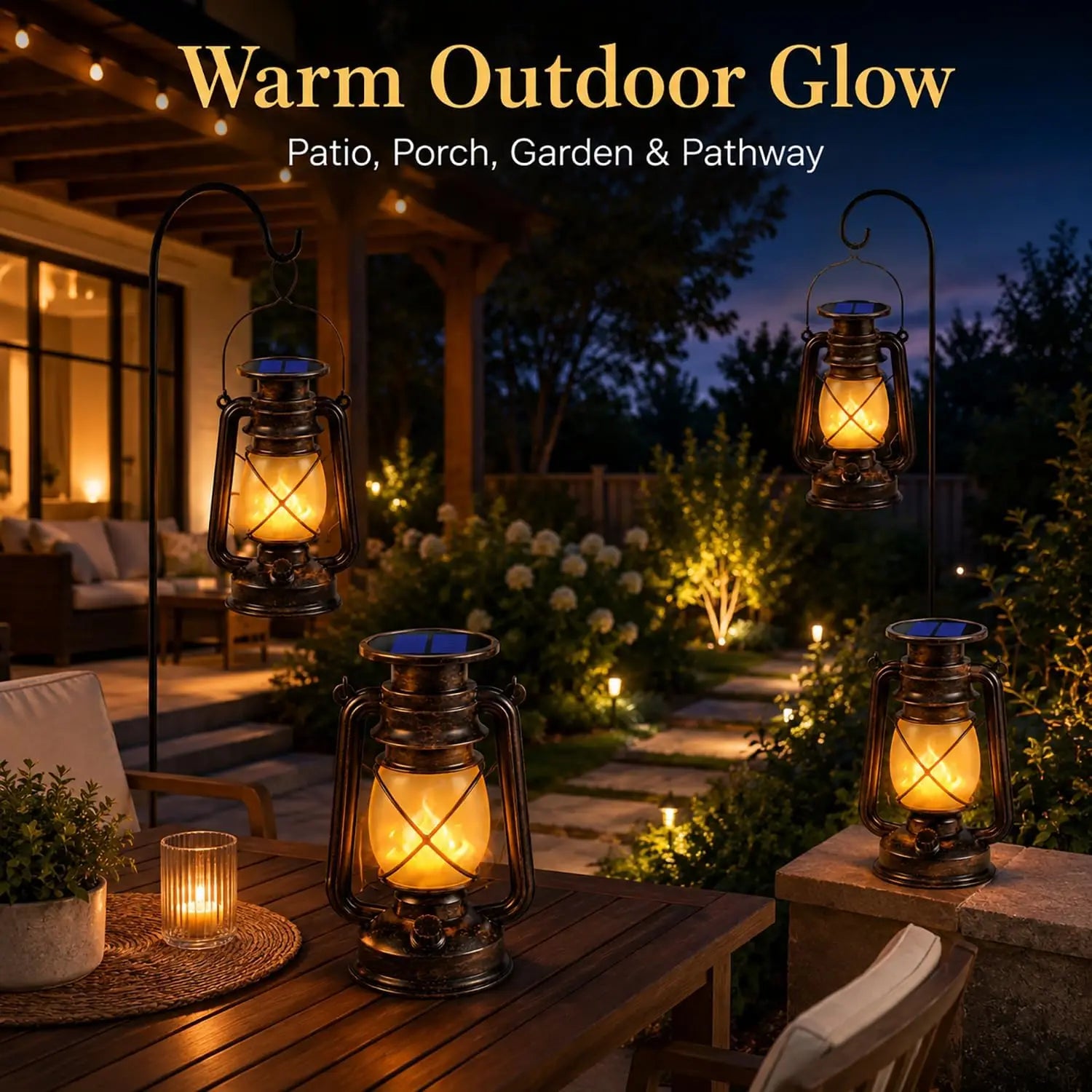 Solar Lanterns Outdoor Waterproof, 2 Pack Flickering Flame LED Hanging Lantern, Bronze Vintage Solar Powered Decorative Lights for Patio Porch Garden Yard Pathway Camping