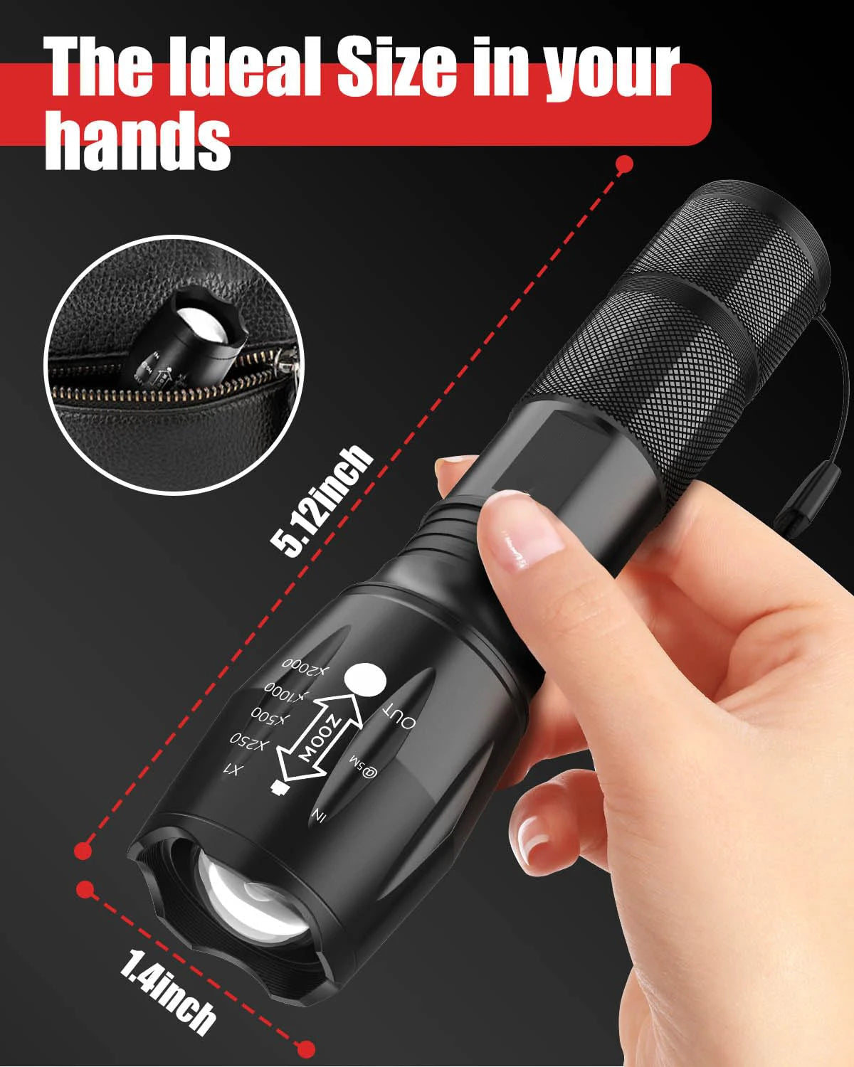 LED Flashlight 2 Pack, Bright 2000 Lumens Tactical Flashlights High Lumens with 5 Modes, Waterproof Zoomable Flash Light