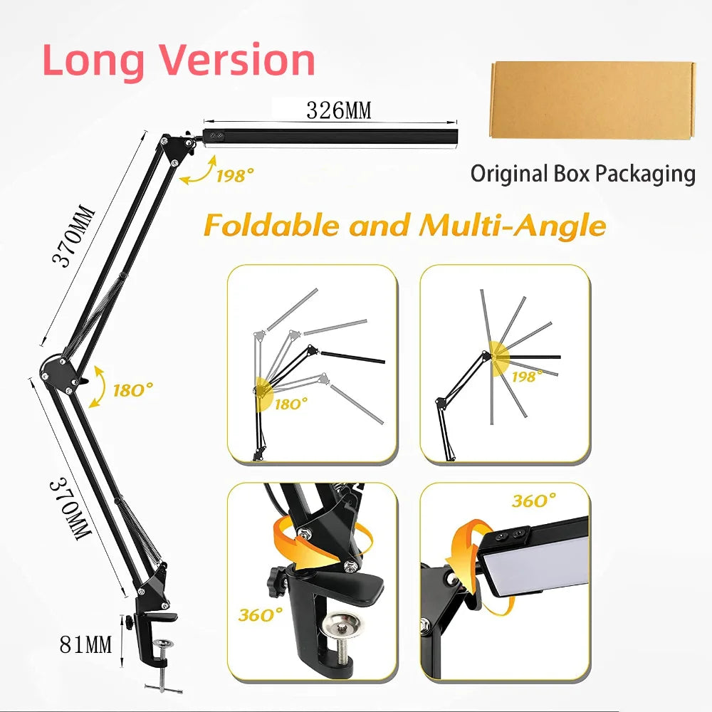 10W LED Desk Lamp with Clamp Adjustable Swing Arm Dimmable Table Light 3 Color Modes 10 Brightness Levels Eye-Caring USB Reading