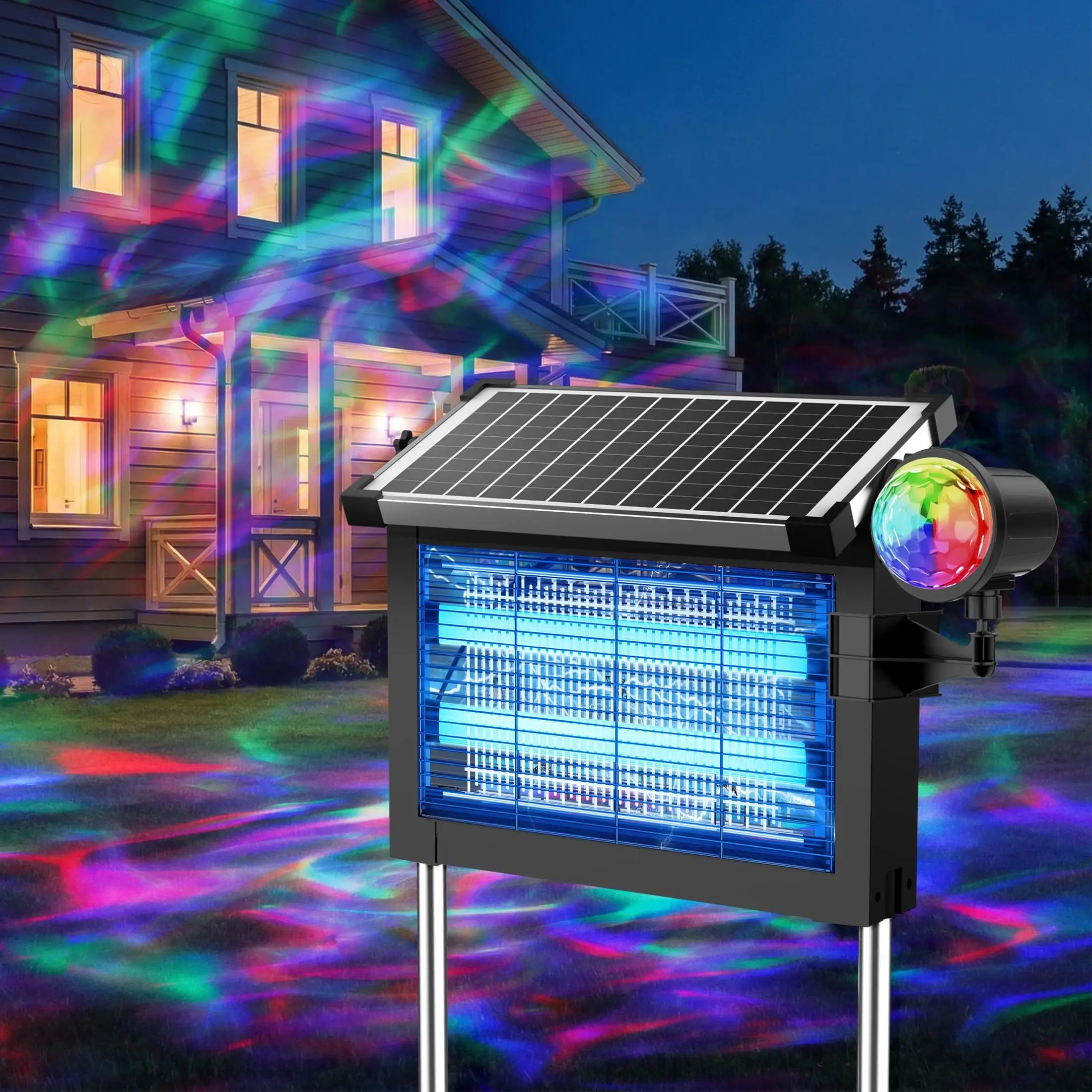 Solar Bug Zapper 4500V, 2-in-1 Rechargeable with Projection Light, IP66 Waterproof, Type-C Charging, for Patio, Yard & Camping