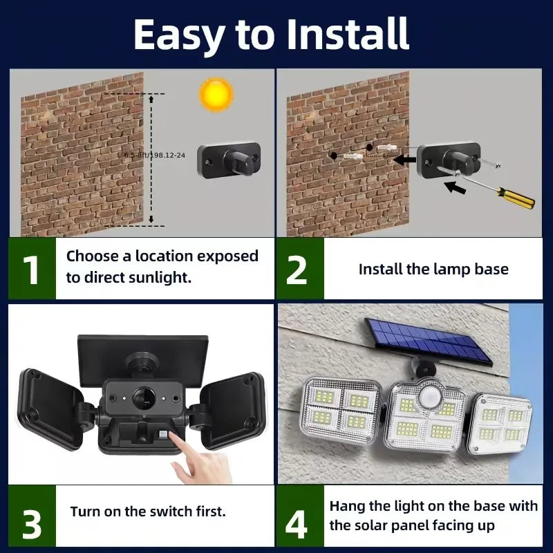 1 PACK Outdoor Motion Sensor Lamp, 4-Head Solar Power Light, 122 LED Solar Light, Flood Lights ,3000 Lumens,270° Lighting  Range