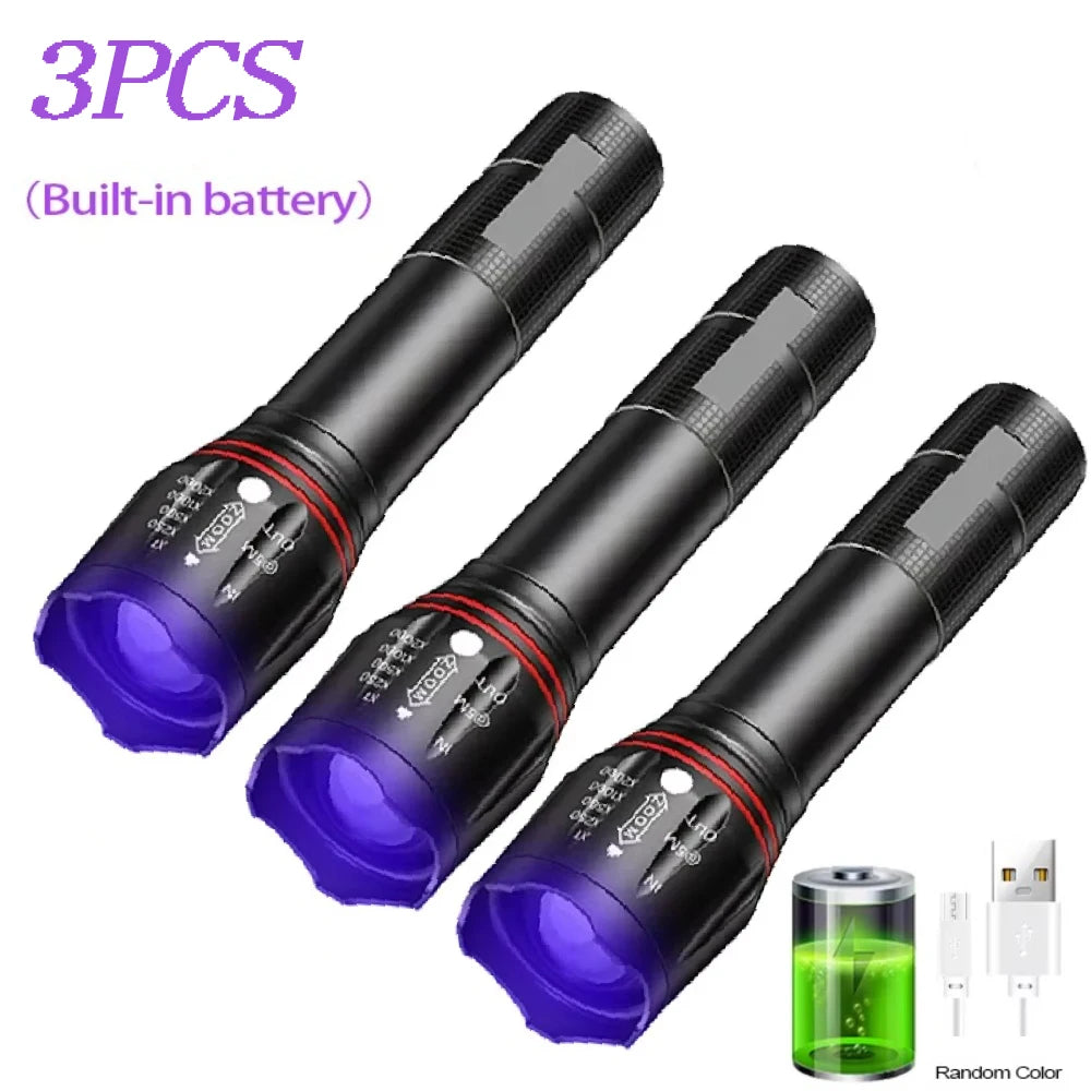 395nm LED UV Flashlight Rechargeable Zoomable Torch Light for Pet Urine Stain Detector Tools Lantern Money Fluorescer Detector